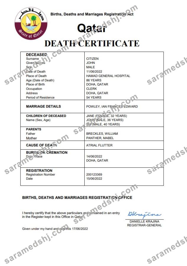 Qatar vital record death certificate Word and PDF template
